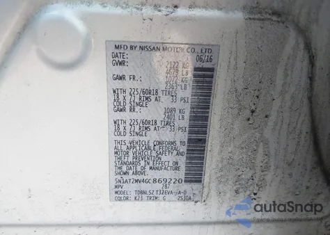 2016 Nissan Rogue Sl z USA, uszkodzony, nr VIN 5N1AT2MV4GC869220